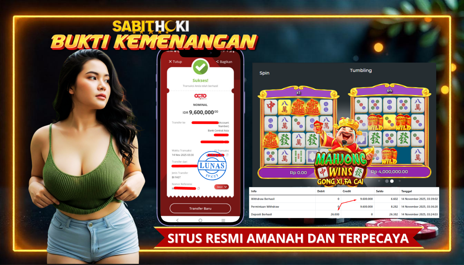 SELAMAT KEPADA MEMBER SETIA SABITHOKI YANG BERHASIL JACKPOT DI PERMAINAN MAHJONG GONG XI PACAI